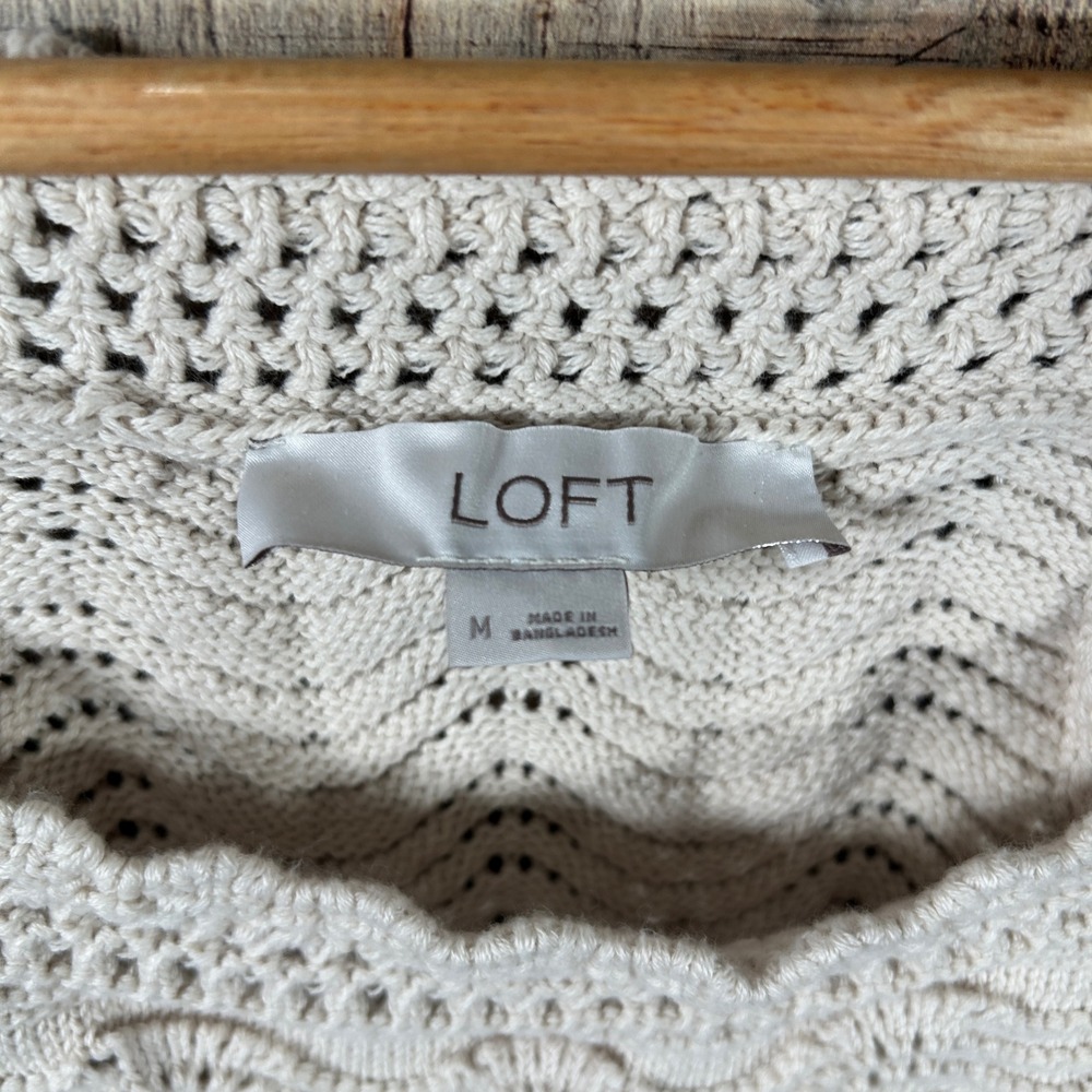 LOFT Cream Cotton Crochet Knit Tank Top Pointelle Scallop Boho Medium M - Picture 4 of 6